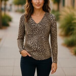Elliott Lauren Leopard Print Silk V Neck Sweater